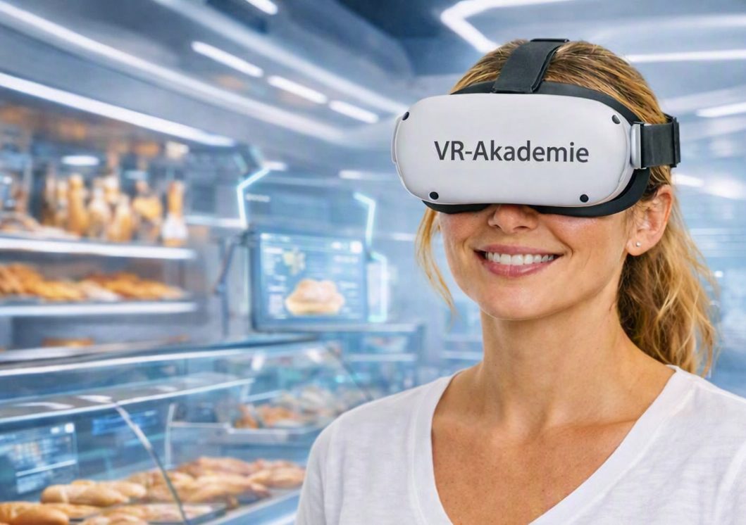 Mitarbeiterin mit VR-Brille der VR-Akademie trainiert Abläufe in einer virtuellen Verkaufsumgebung
